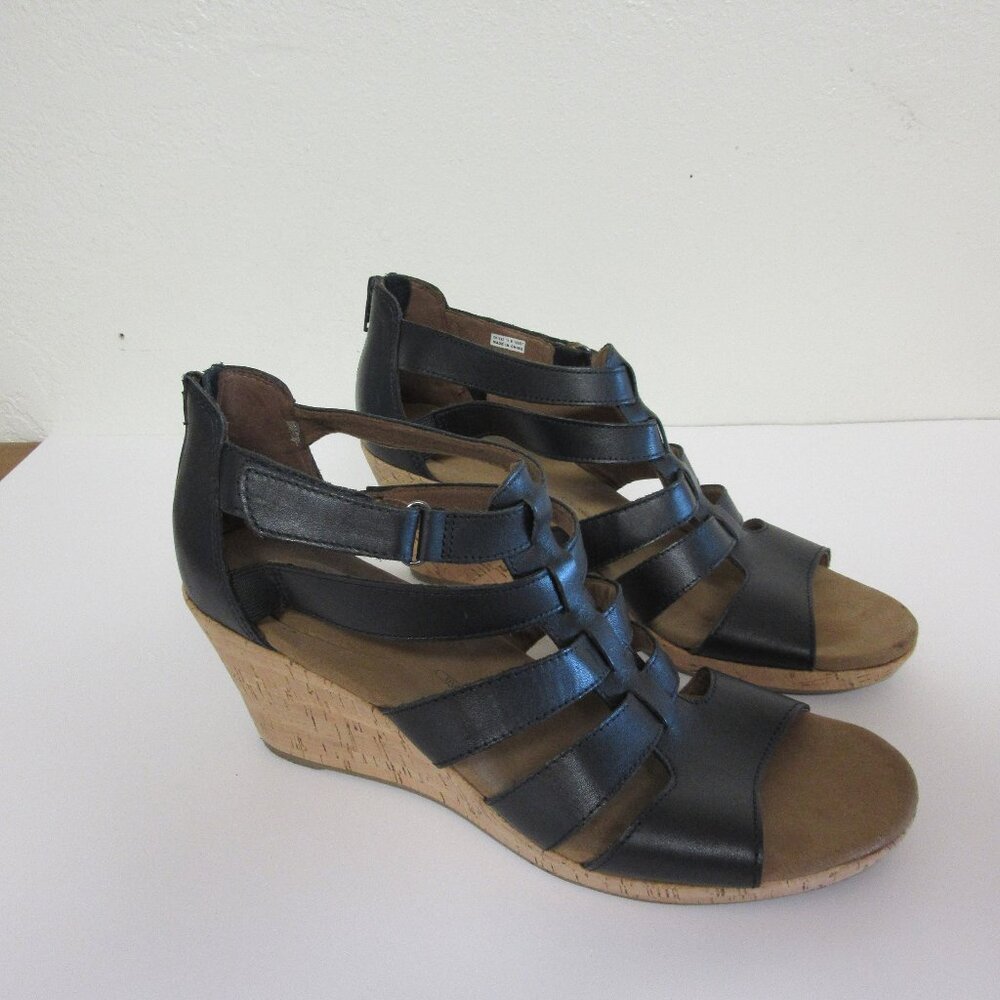 ROCKPORT Briah Black Gladiator Cork Wedge 11 W Open Toe Sandals
